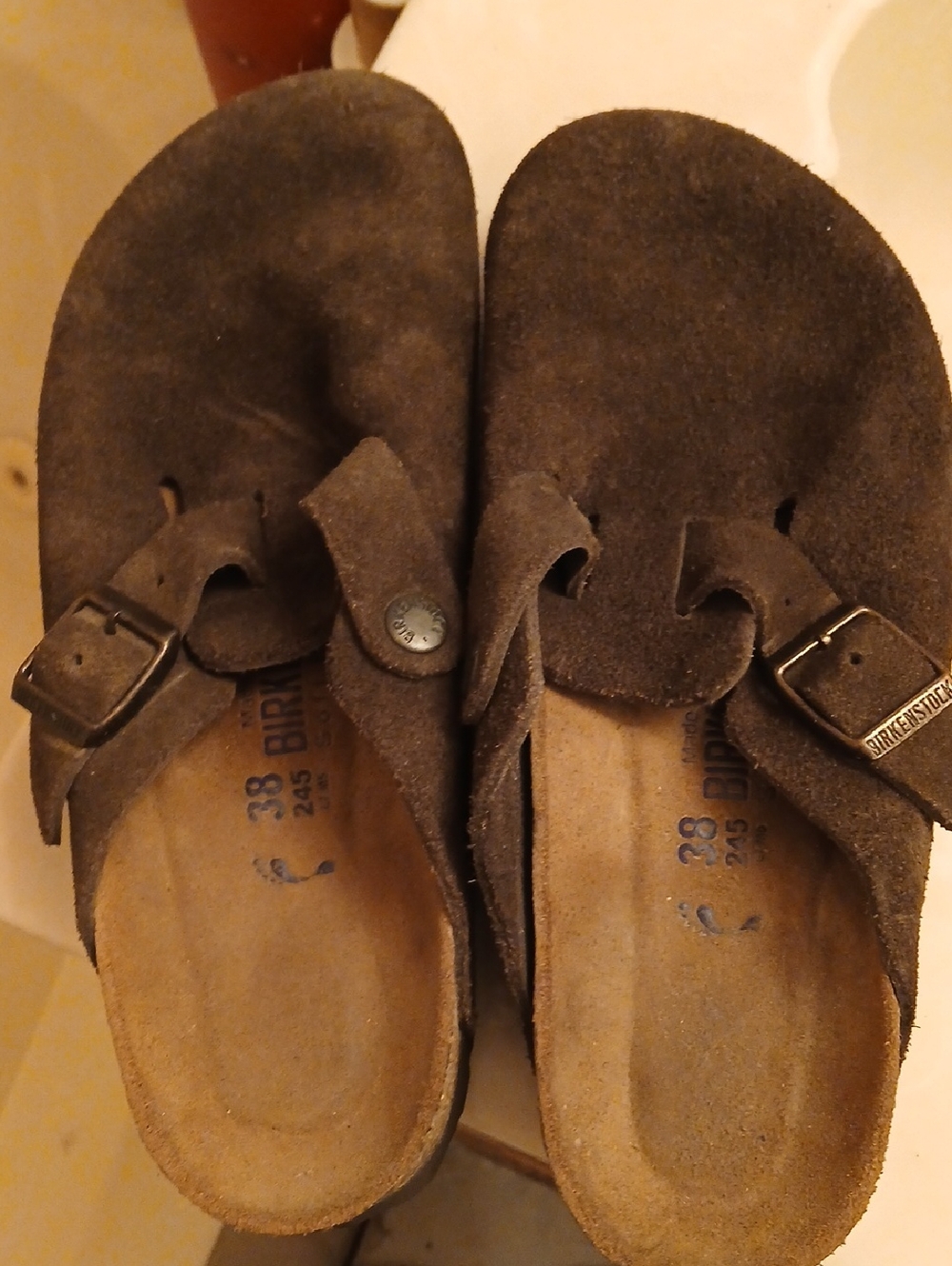 Birkenstock Brown Suede Two-Buckle Clogs,sz.38/245:L7-M5